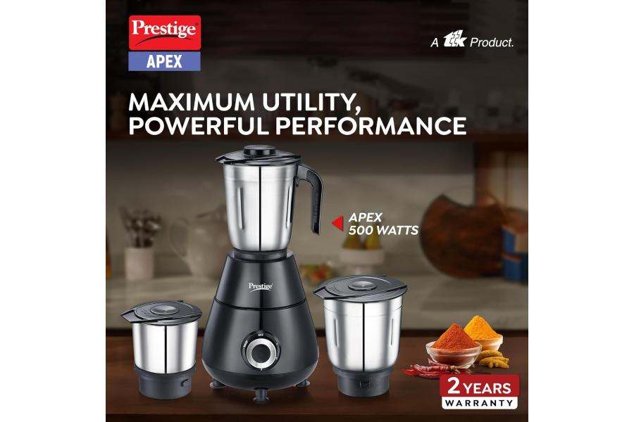 Prestige Apex 500W Mixer Grinder with 3 Stainless Steel Jars | 